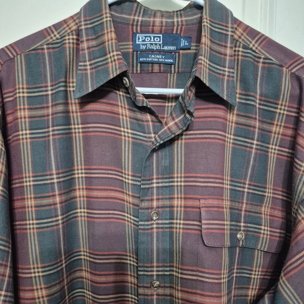 Polo Ralph Lauren Cagney Mens Large Plaid Cotton Wool Button Down Shirt Burgundy - Picture 5 of 5